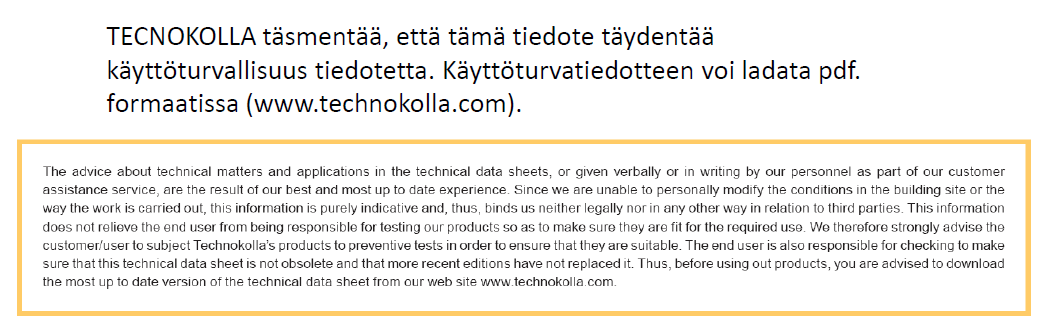 6/7 Tekniset tiedot Mitattu arvo Vaadittu arvo Standardi Sekoitussuhde (A:B) 94:6 Saumauksen työsketely lämpötila Seoksen ominaispaino Sekoituksen jälkeinen vetäytymisaika min. +10 ⁰C, max.