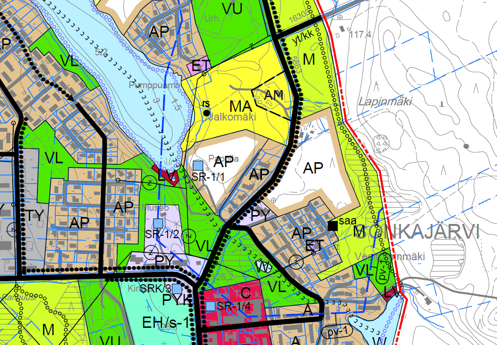 (MA). Pappilanrannan alueelle kohdistuvat rakennussuojelukohde SR-1/1 (Sonkajärven pappila), sähkölinjaa (z) ja ohjeellinen moottorikelkkareitti.