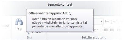 Tässä esimerkissä avataan C-näppäimellä Luo-välilehti, X-näppäimellä Ulkoiset tiedot -välilehti, Y-näppäimellä Tietokantatyökalut-välilehti ja niin edelleen.