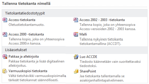 Uusien ja vanhojen Access-tiedostojen käsitteleminen Access 2010 (ja Access 2007) -tietokannoissa tiedostot tallennetaan uudessa muodossa.