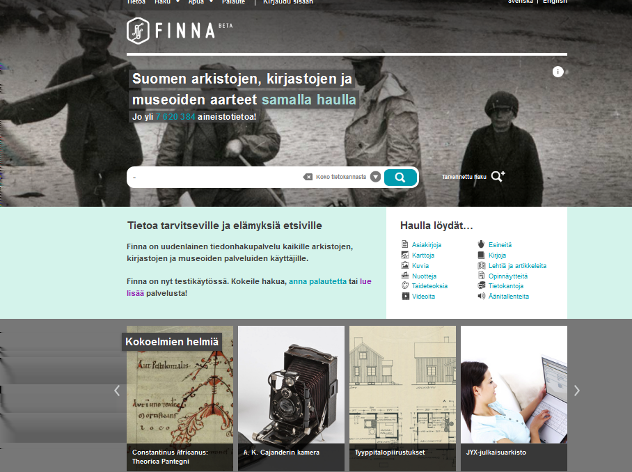 8 Haku Finnasta www.finna.fi Finnan etusivulla voi tehdä pikahaun koko tietokannasta. Haun voi myös rajata johonkin tiettyyn sisällön osaan, esimerkiksi museoista, asiakirja, kartta tai opinnäyte.