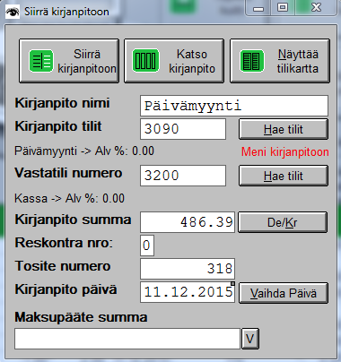 Avaa päävalikosta Myymäläpääte Valitse Siirrä ja ikkunasta Päivämyynti