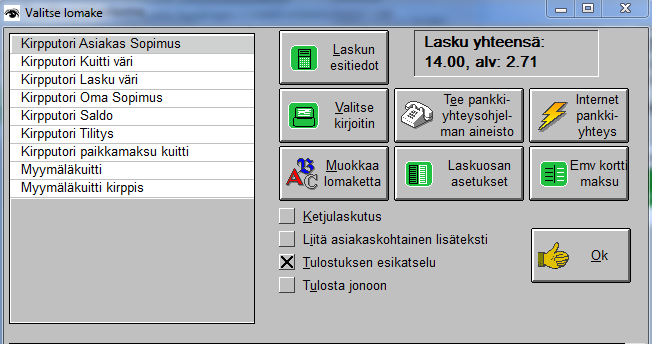 Valitse tuoterekisteristä tuote sopimusta varten "esim. 3 hyllyä ja rekki 1 vk" tupla klikkaamalla Valitse "uusi lasku nro ja viitenumero", jolloin eräpäivä päivittyy riville.