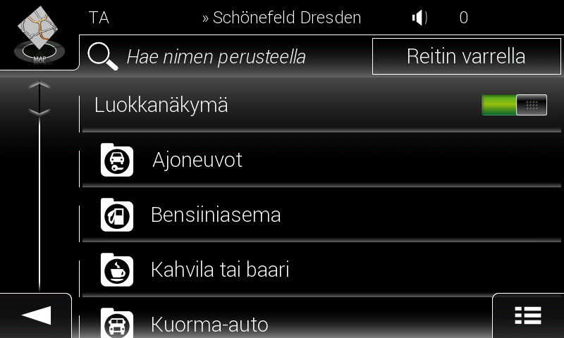 Esimerkki navigoinnista kiinnostavaan paikkaan Jos esimerkiksi haluat löytää pysäköintipaikan määränpään ympärillä, toimi seuraavasti: 1. Napauta Karttanäytöllä päästäksesi Navigointivalikkoon.