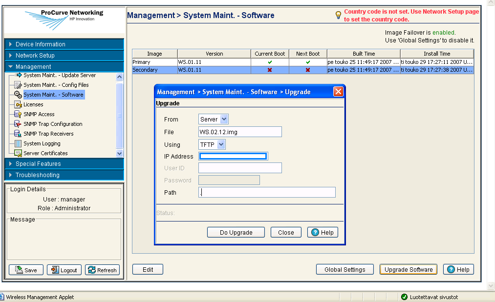 55 WES-moduulin ohjelmiston päivittäminen Uudemman ohjelmiston voidaan laittaa hakemaan esimerkiksi TFTP:llä palvelimelta. Päivityksen teko löytyy: Management -> System Maint. -Software -> Upgrade.