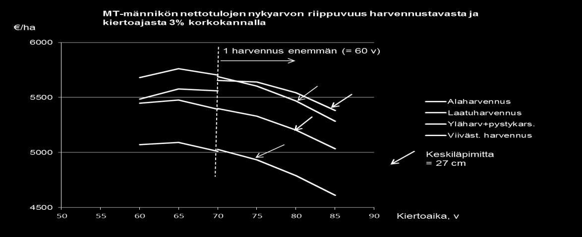 3 % korkokannalla männikkö kannatti kasvattaa 65-vuotiaaksi 1-2 harvennuskerralla lukuunottamatta yläharvennusta+pystykarsintaa, jossa