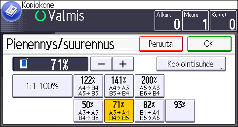 3. Kopiointi 1. Paina [Pien./suur. ]. 2. Valitse suhde ja paina sitten [OK]. 3. Aseta alkuperäiset ja paina [Aloita].