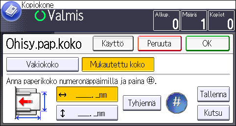 3. Kopiointi Kopiointi kirjekuorille Tässä kerrotaan, miten kopioit tavallisille ja mukautettua kokoa oleville kirjekuorille. Aseta alkuperäinen valotuslasille ja kirjekuori ohisyöttötasolle.