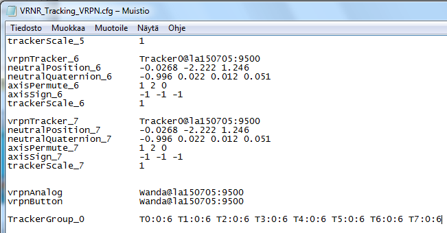 76 15/17 Kuva 38. VRNR_Tracking_VRNR.cfg. Kuva 39. VRNR_tracking_vrnr.cfg - Muutettu käyttämään seitsemän sensoria. 1. VRNR_Tracking_VRPN.