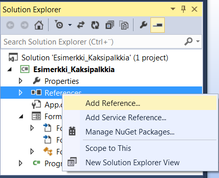 72 (74) Kuva 3. Referenssien eli viittauksien lisäys Kuva 4. Referenssien sijainti Lisätään referenssit projektiin esimerkiksi Solution Explorer -ikkunan kautta.