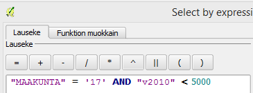 30 5. AND-operaattorin perään laaditaan edellisen esimerkin mukaan väkilukua koskeva kriteeri, jolloin lauseke on valmis (kuva 44). 6.