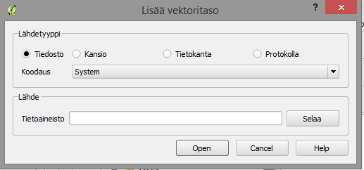 2.1. Vektoritason lisääminen Lisää vektoritaso valinta avaa ikkunan, josta tulee valita vektoritason lähdetyyppi, joka tässä