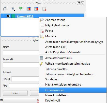 7 Tällä menetelmällä pystyy lisäämään niin vektori- kuin rasteritasoja (kuva 5). Kuva 5. Aineiston lisääminen Selain - valikon kautta. Lisätyt tasot näkyvät QGIS:in vasemman laidan Tasot listassa.