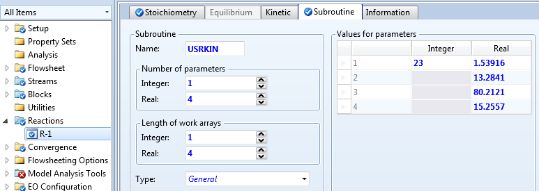 LIITE 1 (6/10) Kuva 6. Parametrien lukumäärien ja alkuarvojen määrittely reaktoriblokissa. Reaktiota määriteltäessä valitaan reaktiotyypiksi UER.