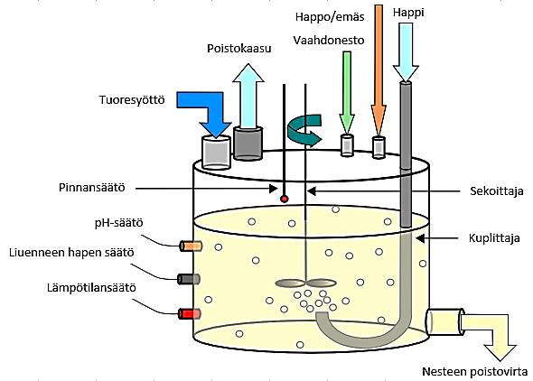 lisäysyhteistä, sekä ph:n, lämpötilan, liuenneen hapen ja pinnankorkeuden säätimistä. Nämä osat on esitetty kuvassa (10). (Henson, 2006) Kuva 10. Fermentorin osat.