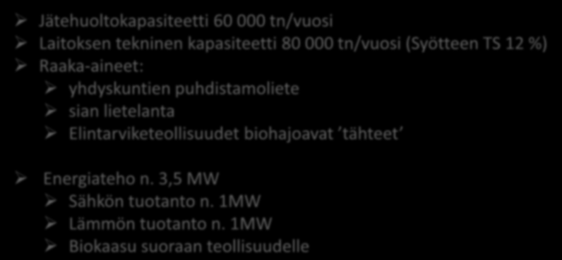 VamBio hankkeena Jätehuoltokapasiteetti 60 000 tn/vuosi Laitoksen tekninen kapasiteetti 80 000 tn/vuosi (Syötteen TS 12 %) Raaka-aineet: yhdyskuntien