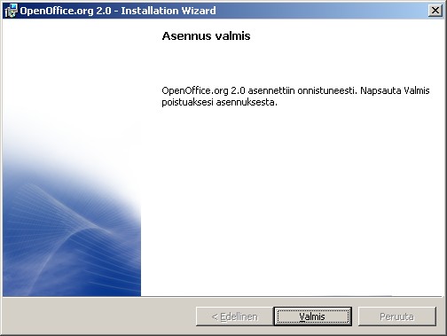 -9- Asennus on tehty ja OpenOffice on valmis käytettäväksi. Asennetut ohjelmat näkyvät Windowsin Käynnistä-valikossa kohdassa Ohjelmat -> OpenOffice.org 2.0.