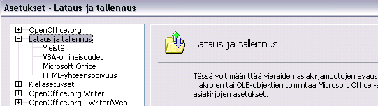 - 17 B. Lataus ja tallennus Yleistä Varoita tallennettaessa muussa kuin OpenDocument- tai oletusmuodossa (pois).