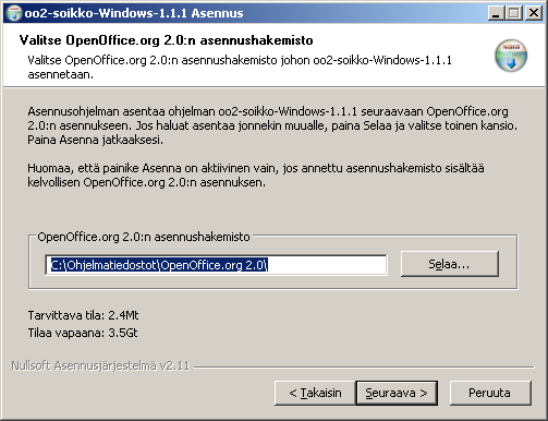 - 31 - (7) Seuraavalla näytöllä tarkastetaan, että näytöllä oleva polkuviittaus OpenOffice.org 2.0:n asennuskansioon on oikein.