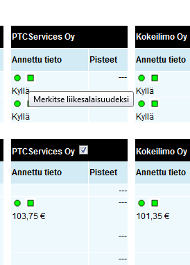 Tarjouksen hylkääminen Toimittaja/tarjous voidaan vertailun aikana kohderyhmäkohtaisesti hylätä ja jättää pois vertailusta.