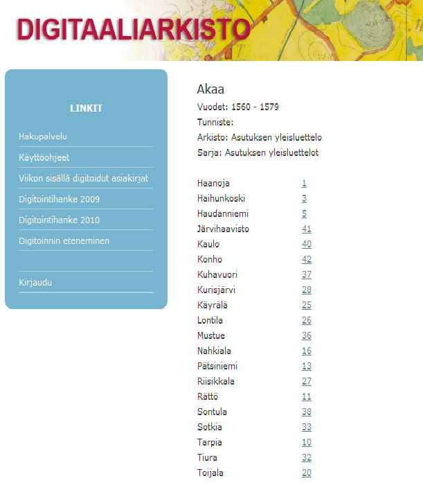 14 Kuvassa 1 Digitoidut jaksot tarkoittava arkistoyksikön (Kirkonkirja 1890-1899 (I Aa:9)) kuvia, joista jokainen numeroitu järjestysnumerolla (1-570).