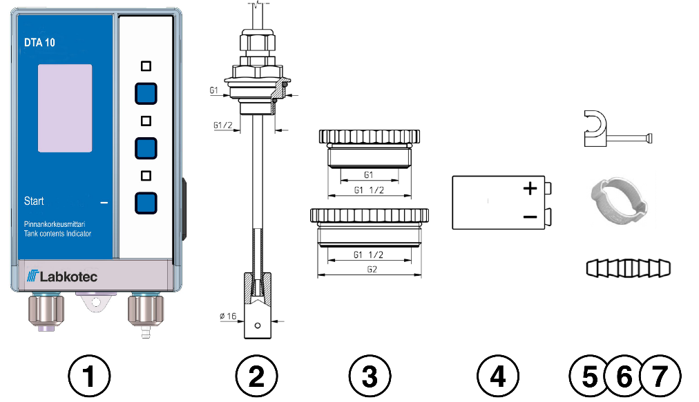 paristo 9 V Lisätarvikepussi seinäkiinnitystä varten DTA 10 koostuu mittauslaitteesta ja digitaalisesta näytöstä.
