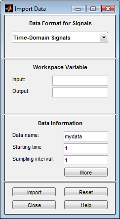 Tuodaan nyt työkaluun tehtävän aineisto. Valitaan vasemmalta Import data -valikosta Time domain data..., jonka jälkeen esillä on Kuvassa 2 esitetty valikko.