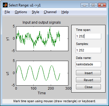 Kuva 5: Select range-ikkuna. Select range-ikkuna piirtää valitun aineiston input- ja outputmuuttujan ajan funktiona.