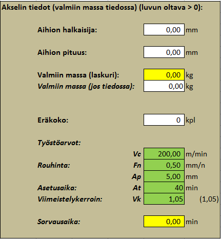 8 Kuva 1. Koneistusaikalaskurin taulukko akselin perustietojen syöttöä varten 7.