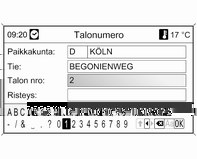 74 Navigointi Valitse haluamasi maa. Osoitteen syöttäminen oikeinkirjoituksen tarkistuksen avulla Merkitse Paikkakunta: -syöttökenttä ja aktivoi sitten tavaustoiminto painamalla monitoimisäädintä.