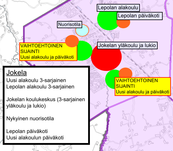 Palveluverkkosuunnitelma - Jokela PERUSOPETUS Jokelan keskustan uusi iso alakoulu Oppilaat Kolsan, Pertun ja Vanhankylän kouluista Jokelan koulukeskus (yläkoulu ja lukio) Lepolan alakoulu