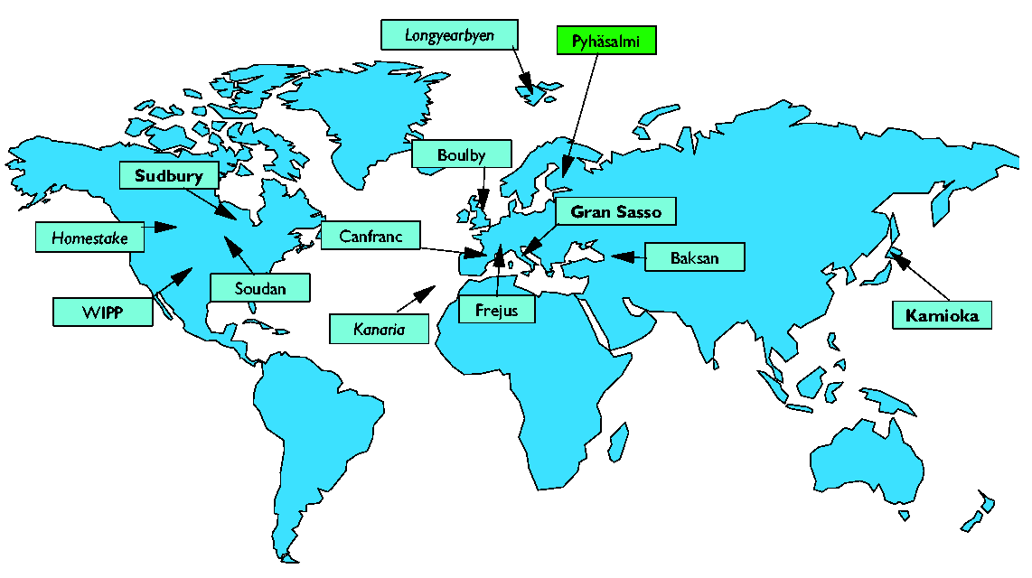 LAGUNA-ilmaisimen mahdollisiin sijoituspaikkoihin. Euroopan ulkopuolella merkittävimmät laboratoriot ovat SNOLAB Kanadassa ja Kamioka Japanissa.