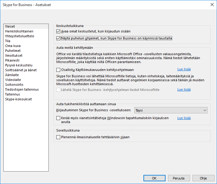 Aina Skype for Business asetusten määrittäminen Avaa Skype for Business