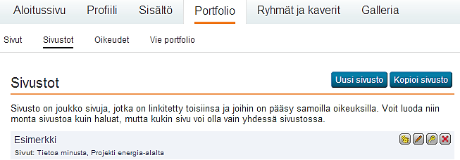 Sivujen yhdistäminen sivustoksi Portfolioon voi valita useita yksittäisiä sivuja.