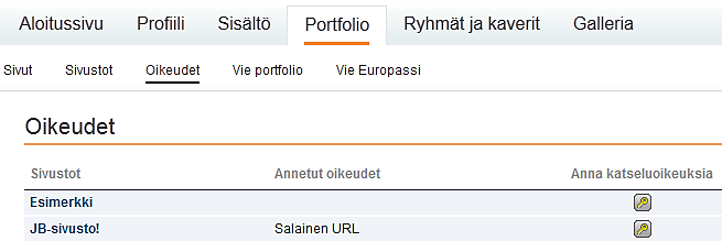 Katseluoikeudet portfoliolle Lopuksi valmiille portfoliolle annetaan