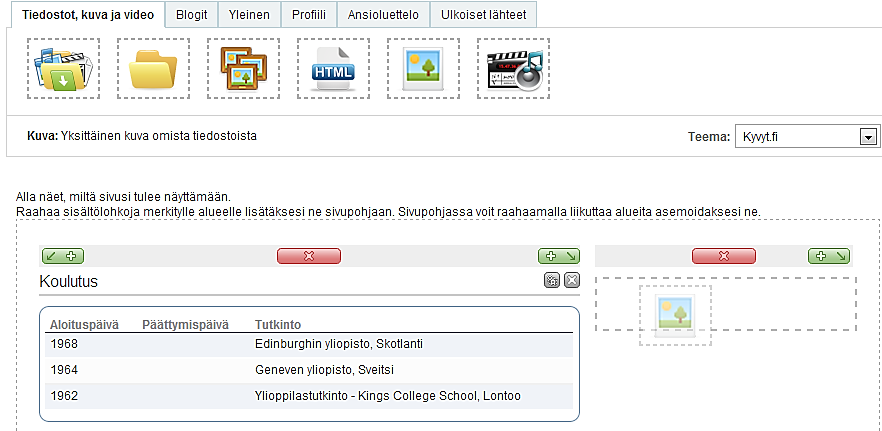 Sisällön lisääminen Kuva Kuva-ikoni raahataan haluttuun paikkaan.