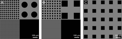 Kuva 1. Erilaiset näytetyypit. Kuvassa 800 µm x 800 µm alue näytteitten keskeltä. Paneeleissa A ja B tummat alueet esittävät timantti- tai timanttikuvioita vaalealla piitaustalla tai päinvastoin.