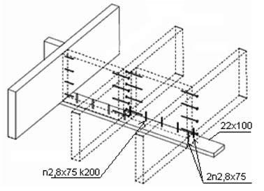 Poikittaisjäykisteen vetolauta 22x100 C18. Laudan naulaus palkkeihin 2n2,8x75 ja välikapuloihin 2,8x75 k200.