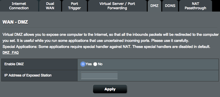4.3.6 DMZ Virtuaalinen DMZ paljastaa yhden asiakkaan internetille sallien tämän asiakkaan vastaanottaa kaikki lähiverkkoosi ohjatut saapuvat paketit.