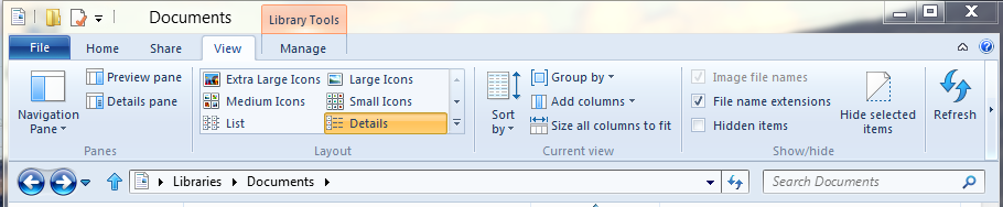 Kuva 10: Windows Explorer nauha -valikon Näkymä (View) -välilehti (Sifonsky 2011c, hakupäivä 22.2.2012). Kuten Microsoft Officessa, on Windows Explorerin nauha-käyttöliittymä jaettu eri välilehtiin.