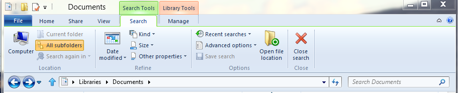 Kuva 11: Windows Explorer nauha -valikon Etsintä (Search) -välilehti (Sifonsky, 2011c, hakupäivä 22.2.2012) voi edelleen valita tiettyä kuvien hallinnointiin tarkoitettuja perustehtäviä.