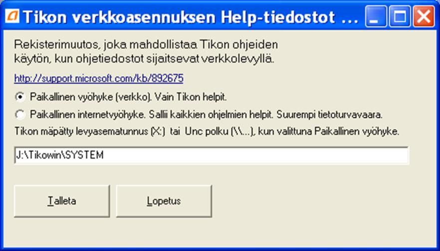Marraskuu 2012 26 (26) 11. Tikon ohjelmien sisäisten ohjeiden käyttöönotto verkkoympäristössä Tikon ohjelmien HTML-ohjetiedostot (.chm) eivät avaudu verkkolevyltä ilman rekisterimuutoksia.
