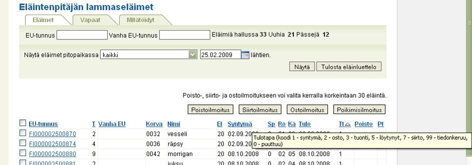 Tapahtumat välilehdellä on kaikki tarkasteltavan eläimen tapahtumat, jotka ovat tapahtuneet kyseisen eläintenpitäjän hallussaolon aikana.