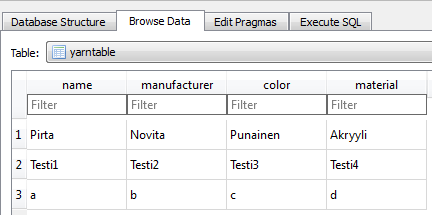 41 Kuva 22. Tietokannan yarntable-taulukko SQLite Database Browser -ohjelmassa. Ohjelmalla nähdään, että tiedot ovat tallentuneet oikein. Tästä tilanteesta on hyvä jatkaa prototyypin kehittämistä.