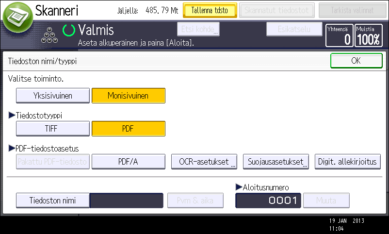 6. Skannaus Tiedoston tyypin määrittäminen Tässä kerrotaan, miten lähetettävän tiedoston tiedostotyyppi määritetään.