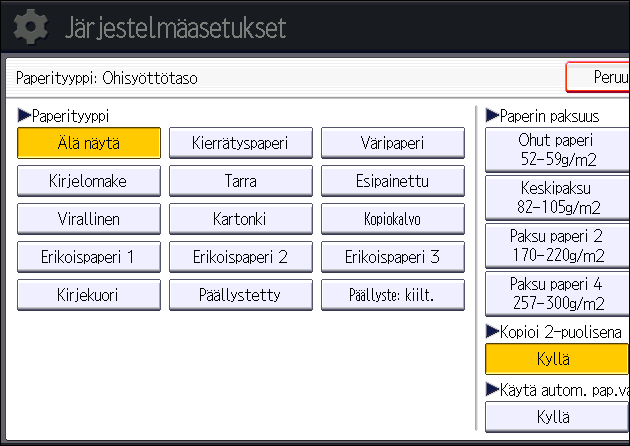 Paperin asettaminen ohisyöttötasolle 8. Paina [OK]. 9. Sulje asetusten aloitusnäyttö. Vakiokäyttöpaneeli Paina [Käyttäjän työkalut/laskuri].