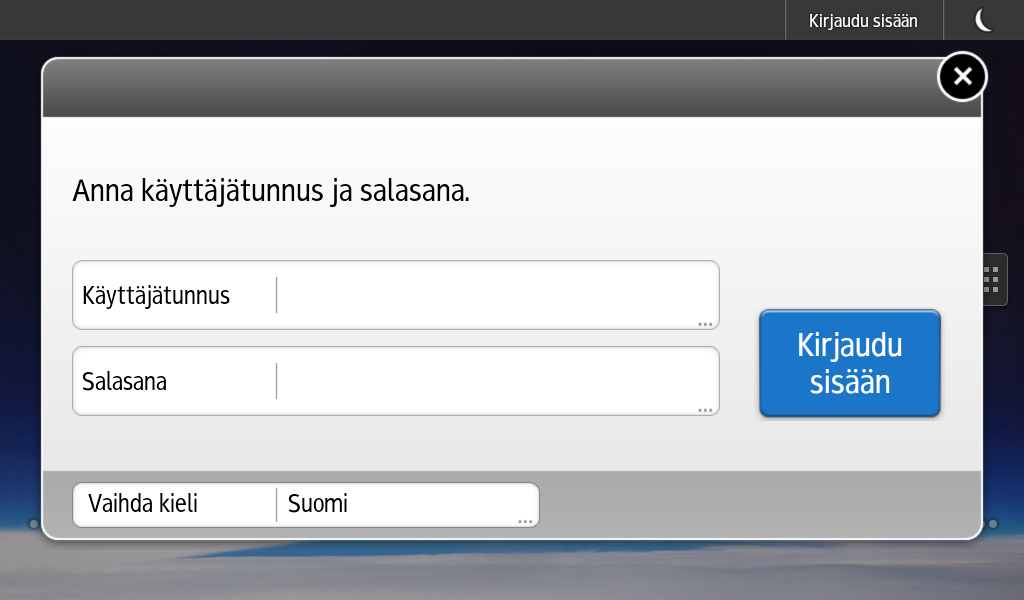 Kun todennusnäyttö avautuu 1. Napsauta [Sisäänkirjaus]. 2. Anna sisäänkirjautumisnimi ja paina [OK]. 3. Anna sisäänkirjautumissalasana ja paina [OK].