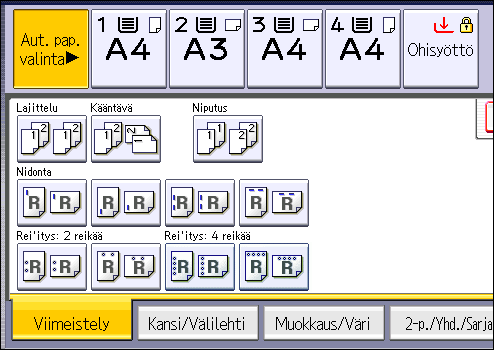 3. Kopiointi 1. Paina [Viimeistely]. 2. Valitse [Lajittelu] tai [Kääntävä lajittelu] ja paina sitten [OK]. 3. Anna kopiosarjojen lukumäärä numeronäppäimillä. 4. Aseta alkuperäiset.