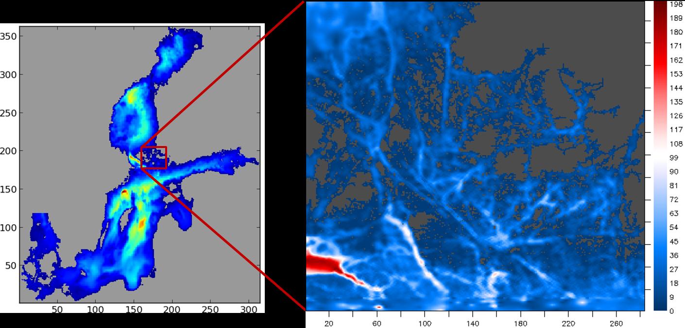 Kuva 4. Koko Itämeren kattavan virtausmallin hila vasemmalla ja Saaristomeren mallihila on oikealla. Väriskaala kertoo Saaristomeren alueen syvyyden. Kalankasvattamon on paikka merkitty tähdellä.