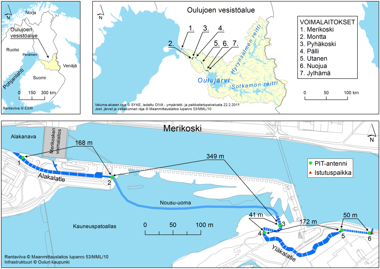 2. Tutkimusalue ja tutkimusmenetelmät 2.1. Merikosken kalatie Oulujoen alimman voimalaitoksen ohittava Merikosken kalatie otettiin käyttöön vuonna 2004.